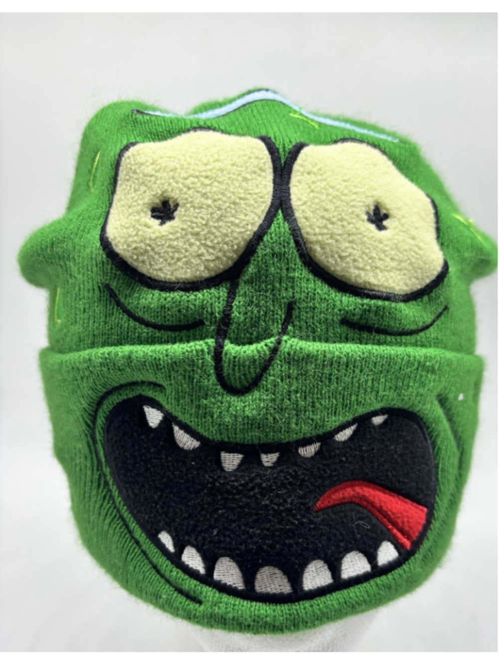 Green Monster Face Knit Beanie Hat Plush Eyes Teeth Tongue One Size Halloween
